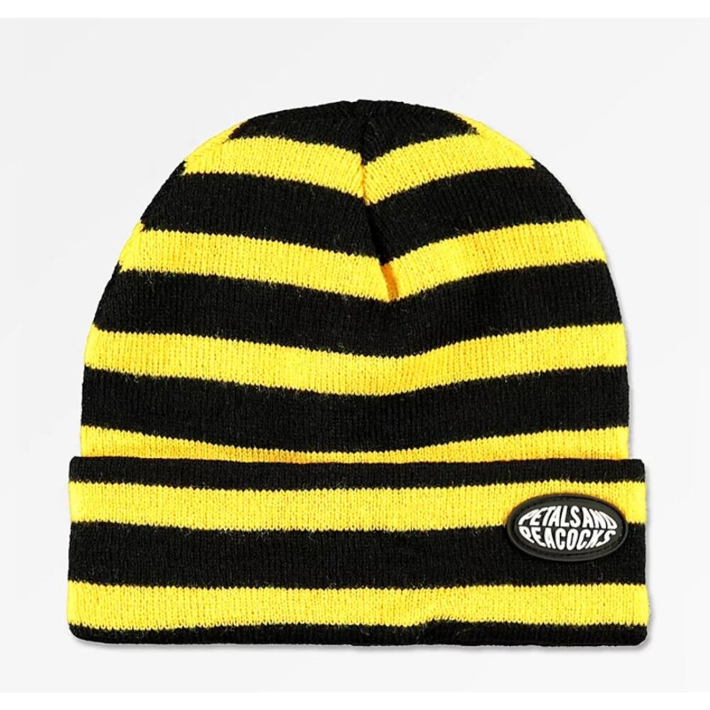 Petals and Peacocks Black & Yellow Stripe‎ Beanie Men's One Size Fits Most